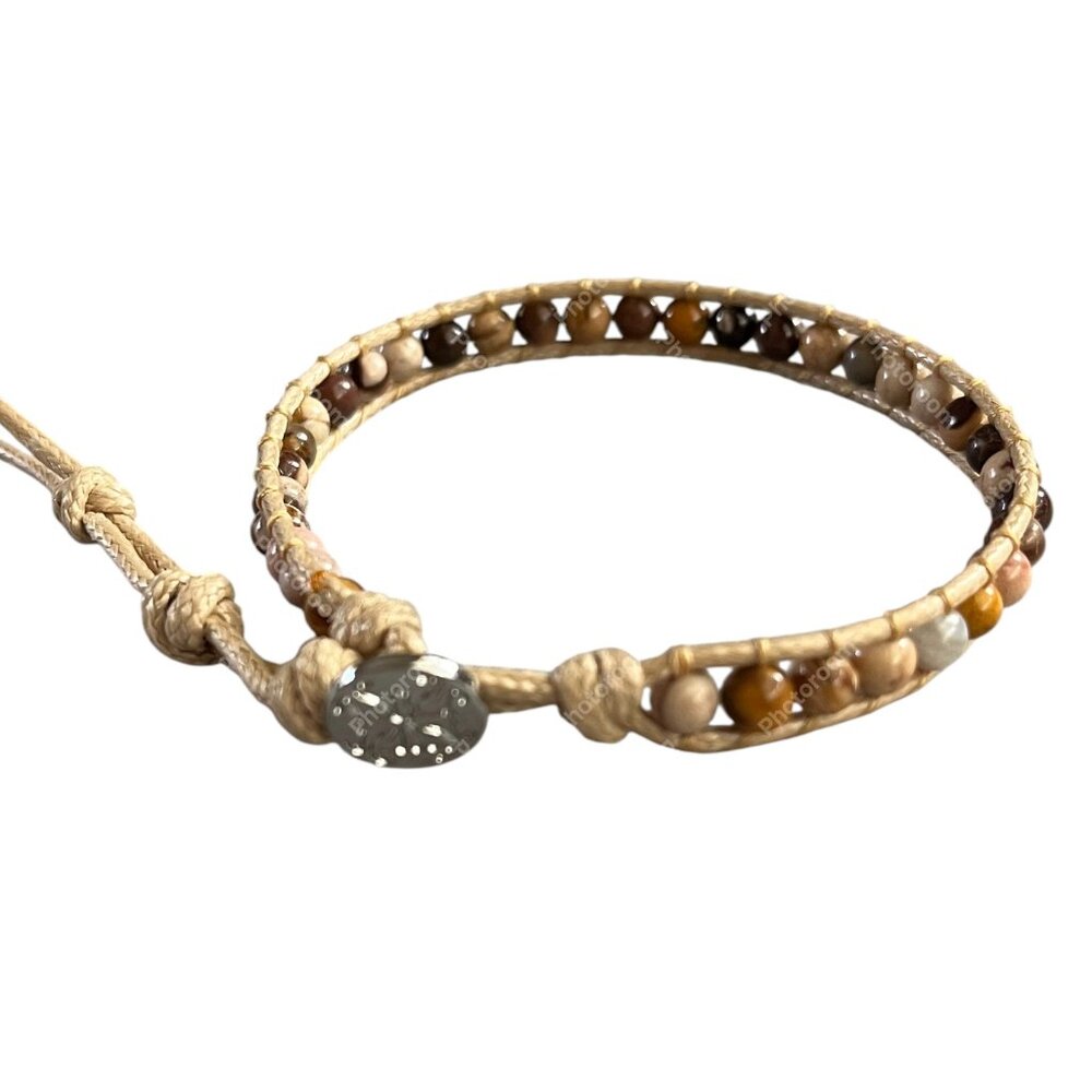 Rustic cuff leather and natural Stone Beads Logo Bohemian Bracelet NWOT Adjusts